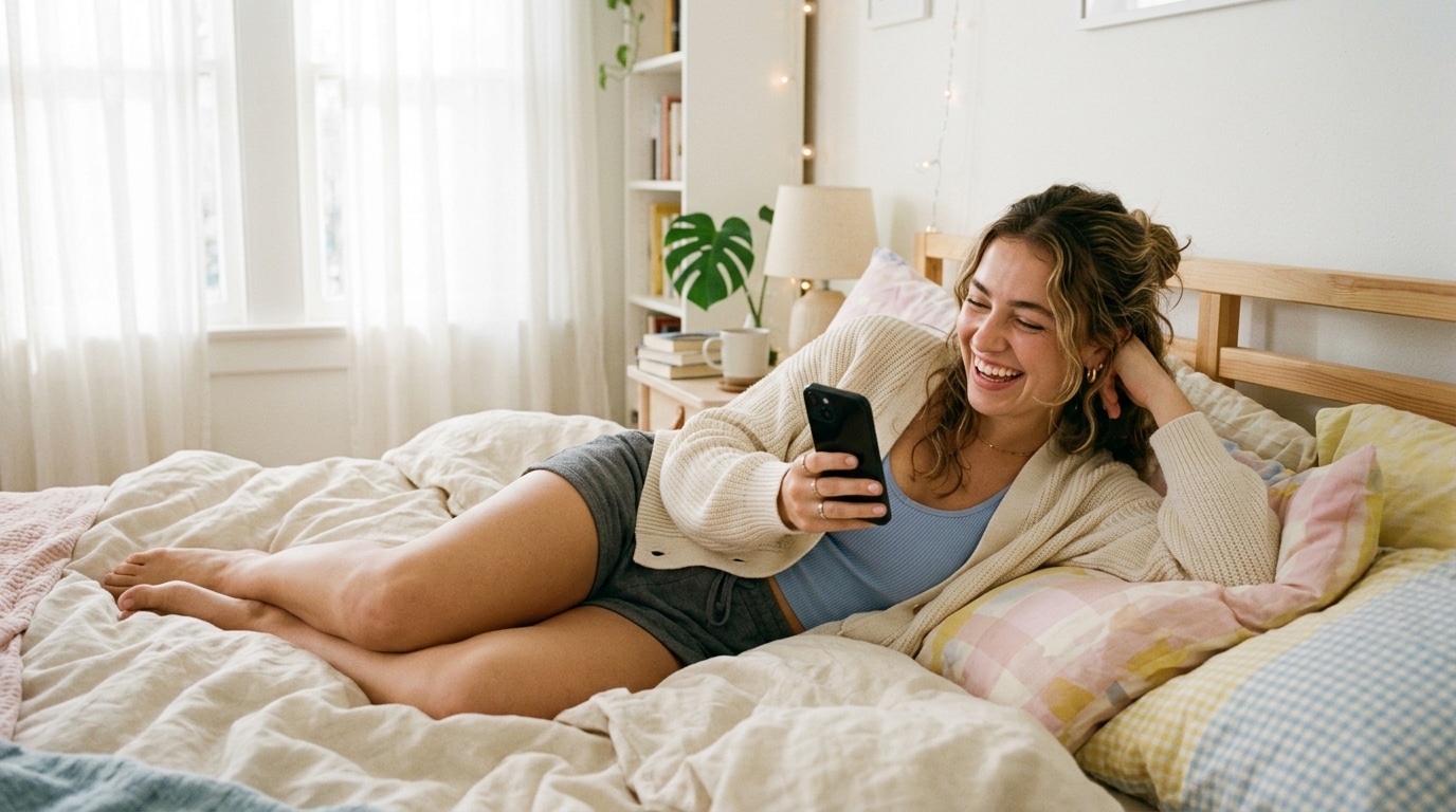 this or that questions Pollaroo app young woman scrolling phone and smiling