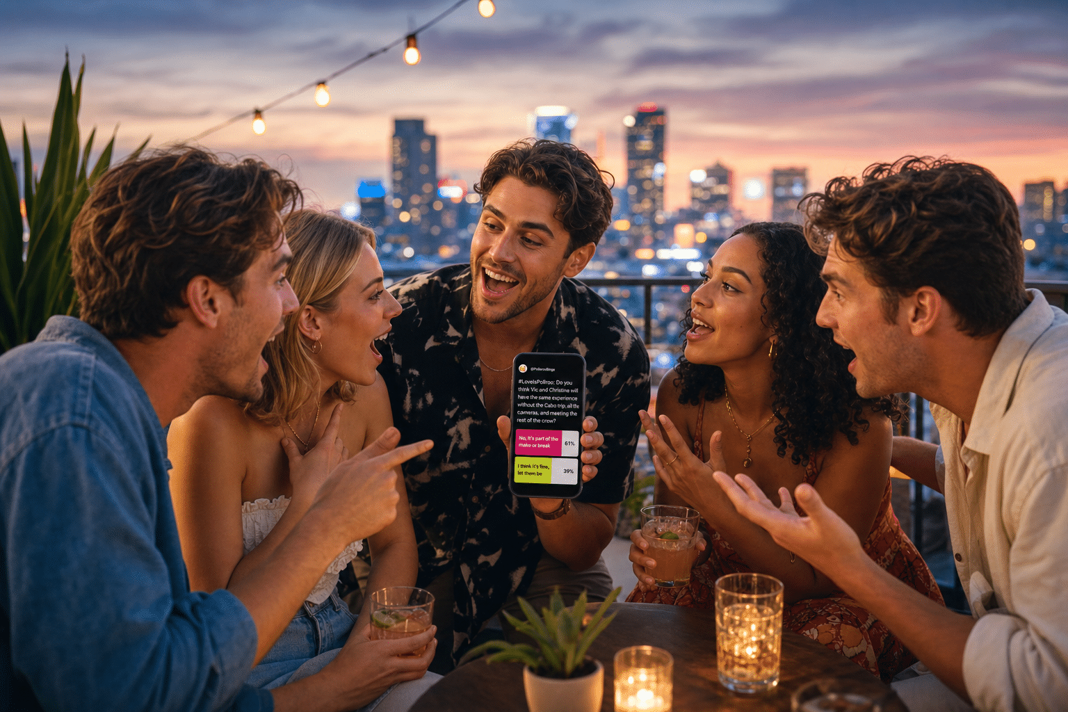 group playing viral this or that questions on Pollaroo app rooftop party