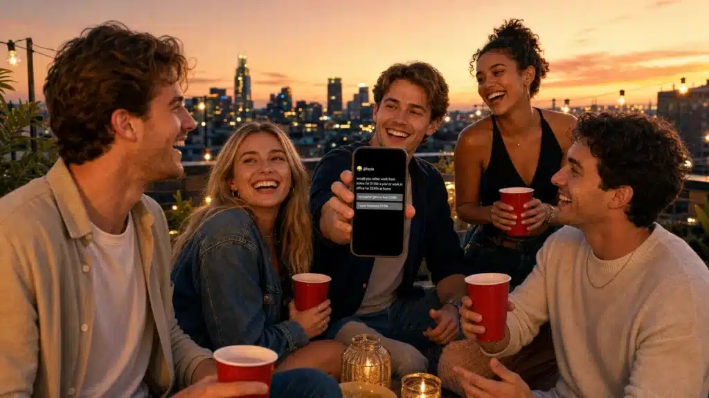 social polling app friends at rooftop party reacting to Pollaroo app results