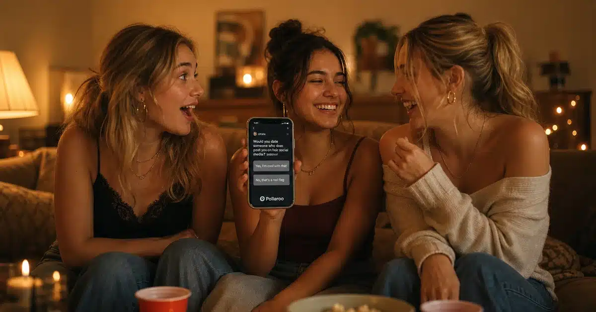 this or that questions Pollaroo app - friends laughing and debating poll results