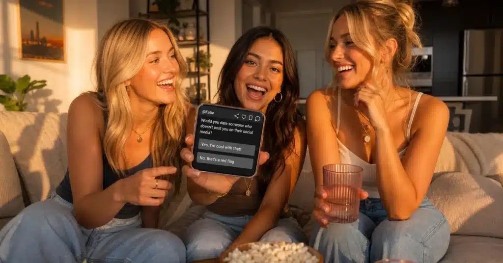 this or that questions Pollaroo app three friends laughing at poll results