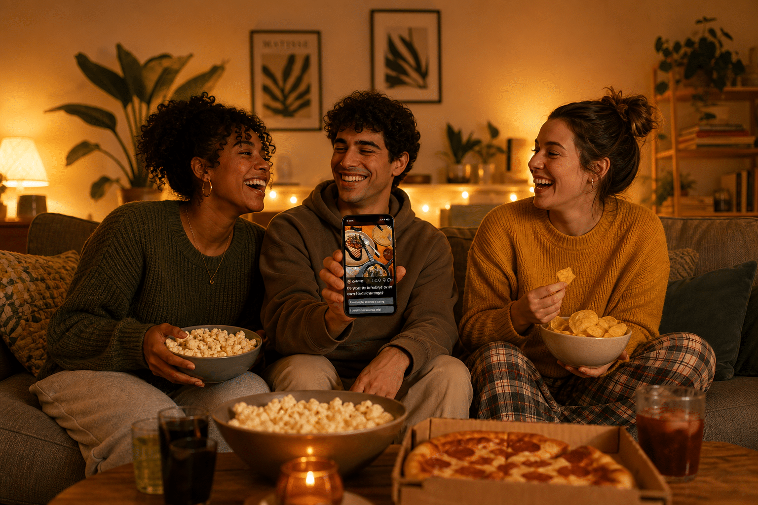social polling app friends on couch laughing at poll results on Pollaroo app