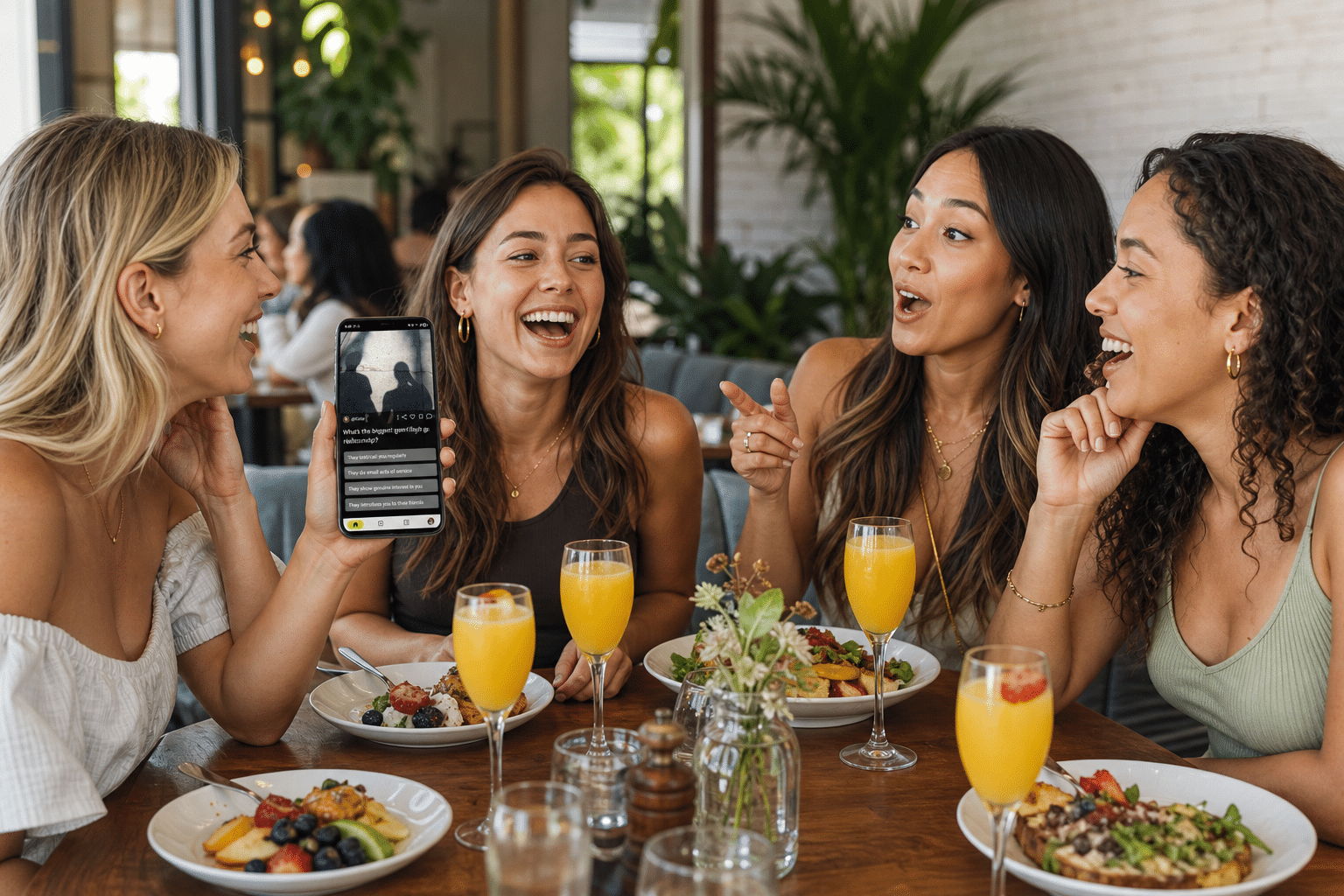 young women at brunch debating poll on Pollaroo social polling app
