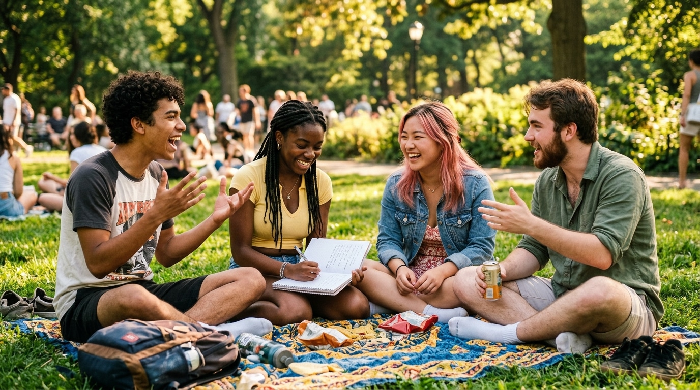 would you rather questions for teens Pollaroo app — group of teenagers debating would you rather questions together in a sunny park