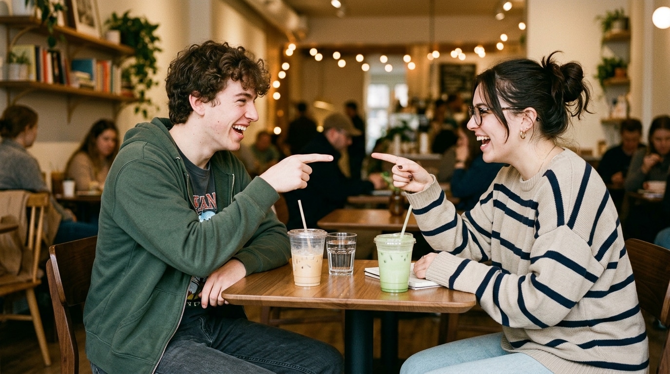 would you rather questions for teens Pollaroo app — two teenagers laughing and debating at a coffee shop