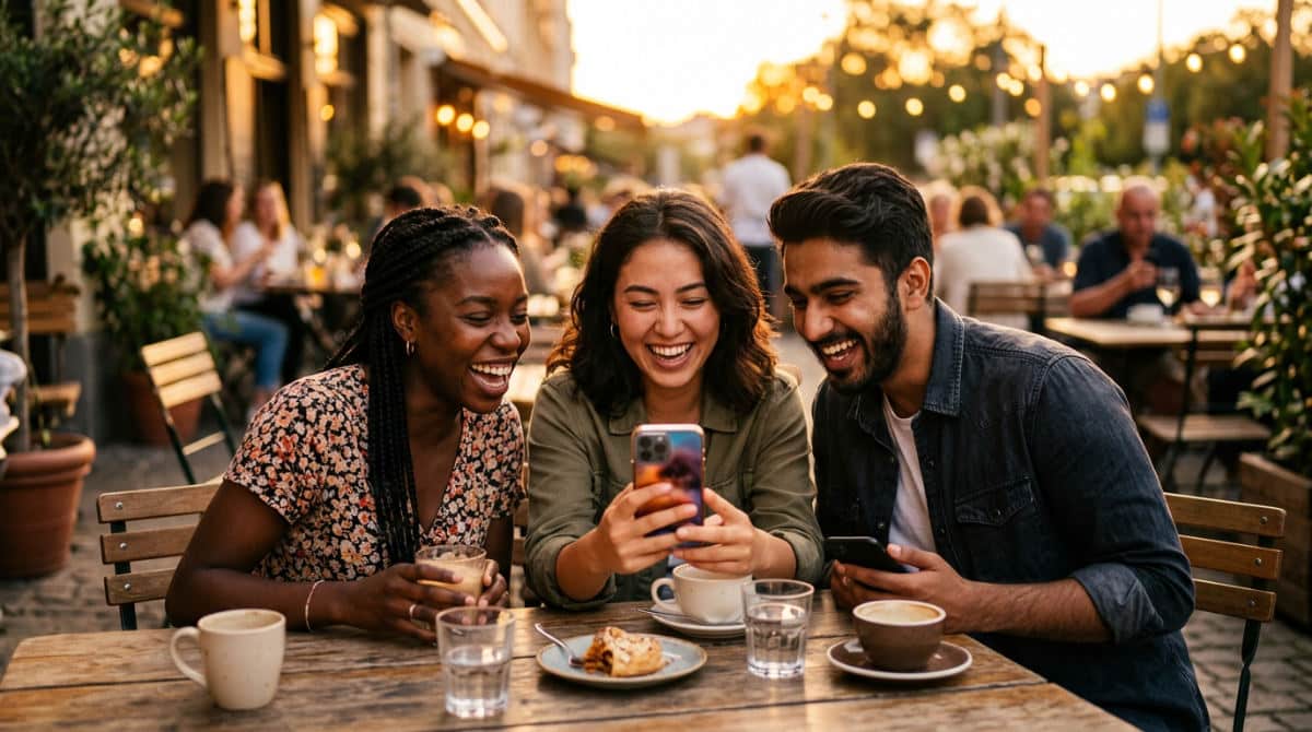 diverse group of friends choosing captions for friends pic on their smartphones