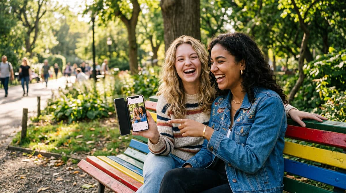 Two best friends laughing while looking at a smartphone during a bright outdoor photoshoot in a park.