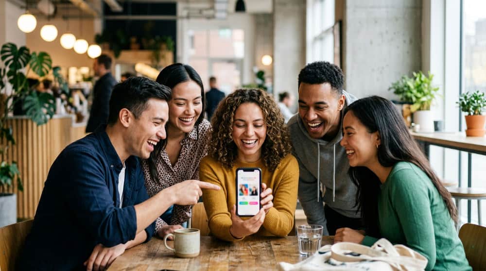 A group of friends gathering around a phone to vote on their favorite bff photoshoot images.