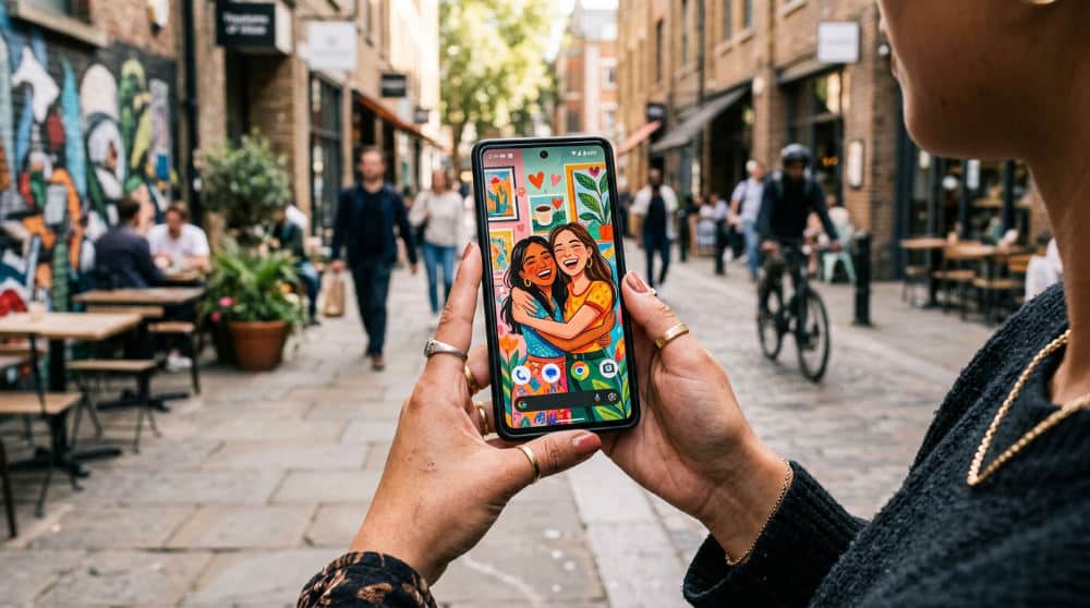 Close up of a person holding a phone showing a high-quality best friends forever wallpaper design.
