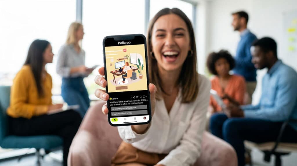 Team members using ice breakers photos to bond during a professional meeting.