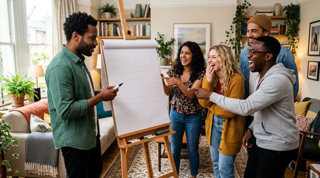 A diverse group of adults laughing and playing a drawing game during a lively home party.