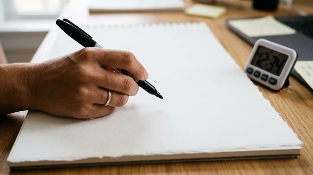 A hand holding a marker over a blank drawing pad with a game timer set nearby.