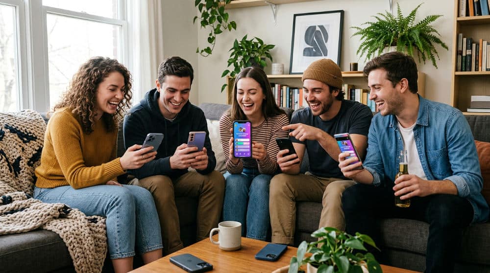 Friends using smartphones to vote on social polls during a group gathering.