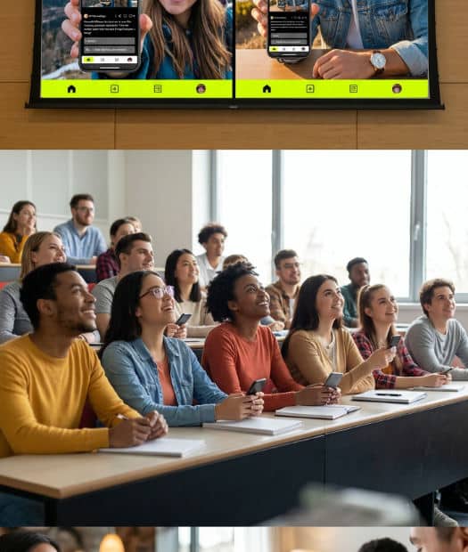 A diverse group of students in a bright classroom looking at a digital screen showing a visual social poll to choose a writing prompt direction.