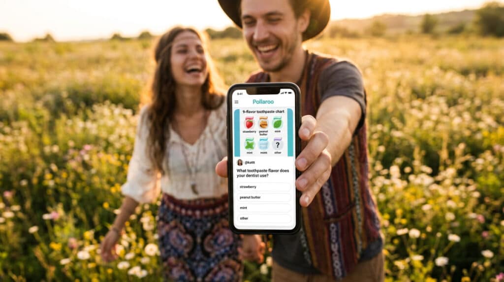A happy couple walking through a meadow during sunset, showcasing beautiful images for couples used in social media.