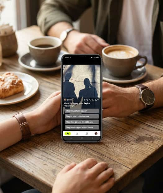 A relatable couple image of hands holding over coffee, perfect for social polling engagement.