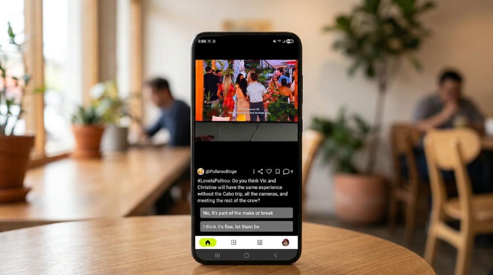 A mobile device showing how to use beautiful images for couples in a social polling application.