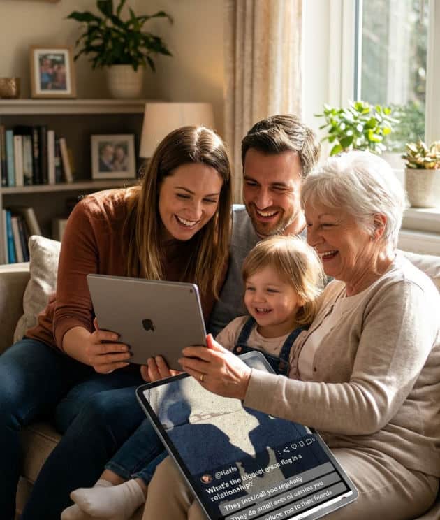 Multi-generational family using a family album photo sharing app on a tablet in 2026