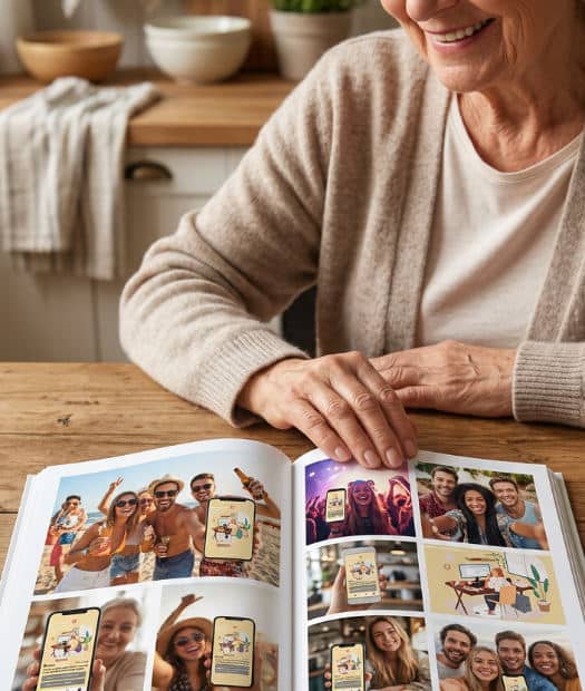Grandmother looking at a printed photobook from a family sharing app