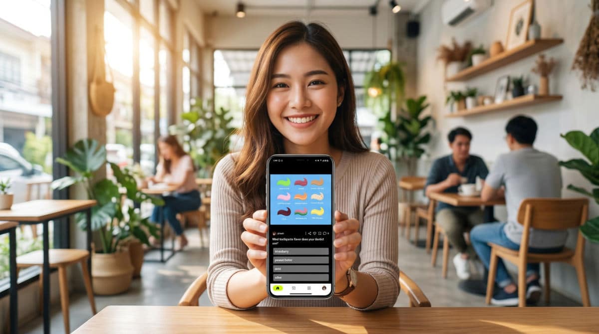 Woman creating good captions for pictures on her smartphone in a cafe