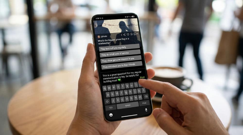 Person typing good photo comments on a smartphone