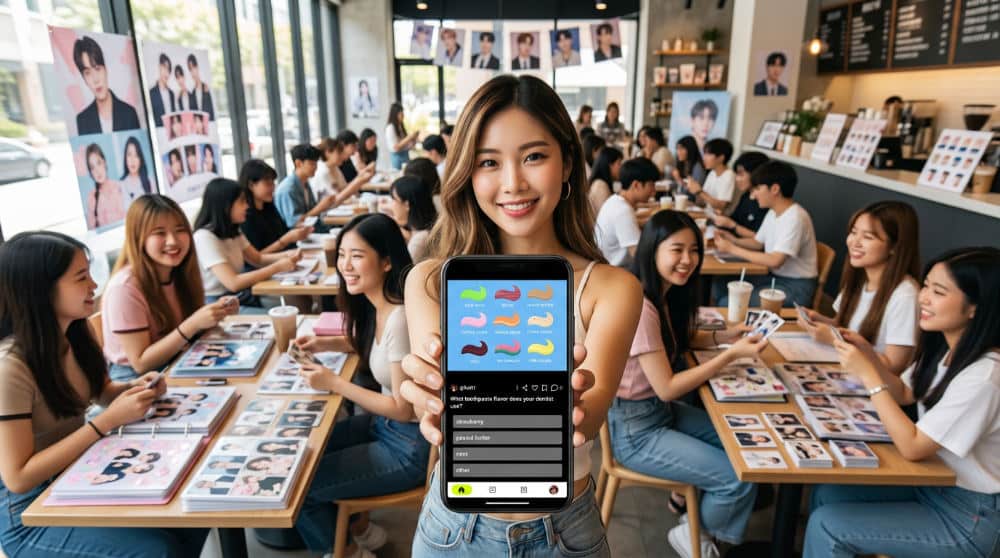 Fans trading Kpop photo cards at a local cup sleeve event
