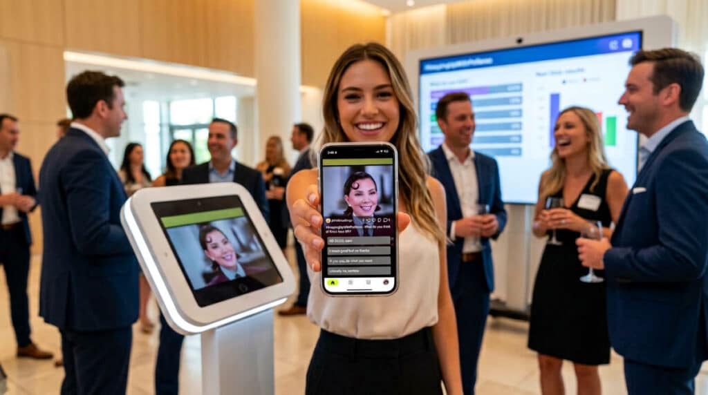 A professional iPad photo booth setup at a corporate event showing interactive engagement features on the screen.
