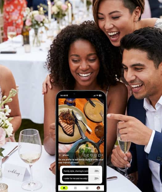 Event guests using their smartphones to participate in a real-time social photo poll at a wedding.