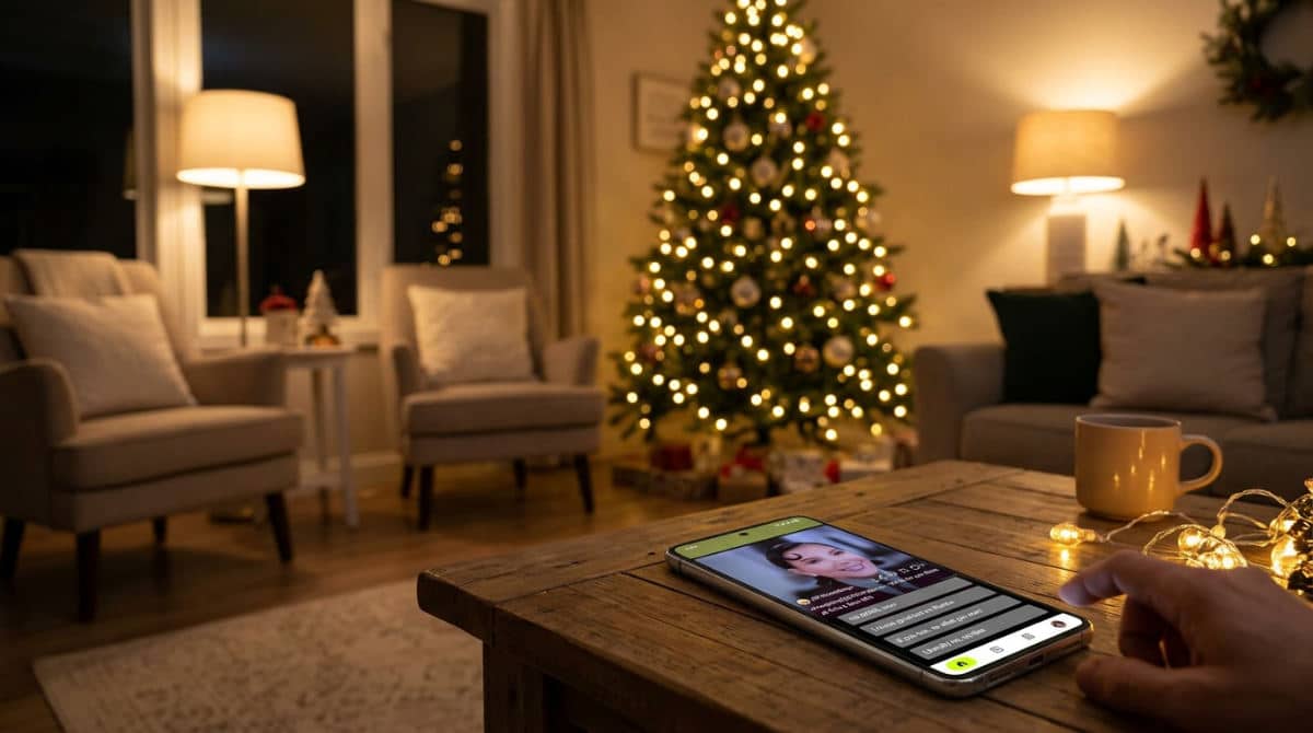 A digital tablet in a festive living room showing two different Santa photos side-by-side for comparison.