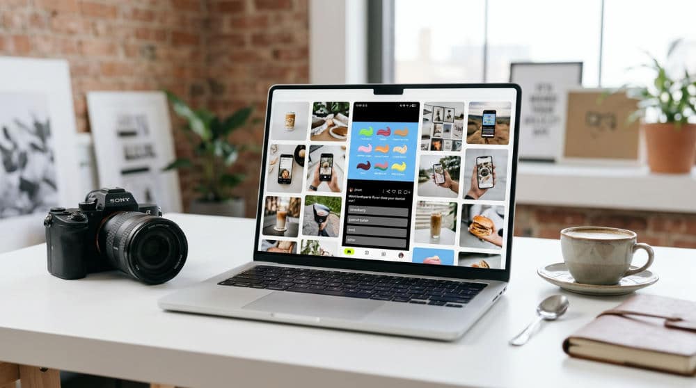 A clean workspace featuring a camera and laptop used for editing social media photos and interactive content.