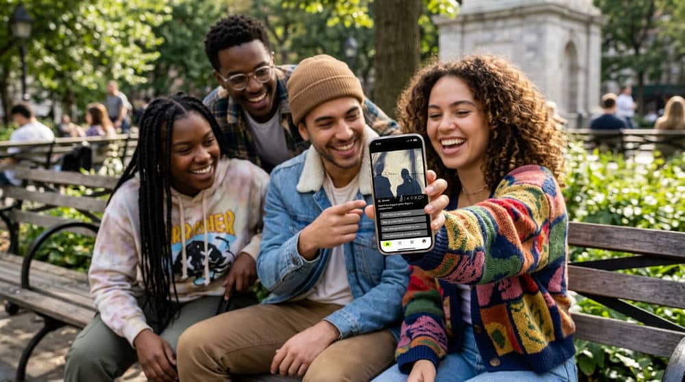 A group of young adults engaging with interactive social media photos on a mobile device outdoors.