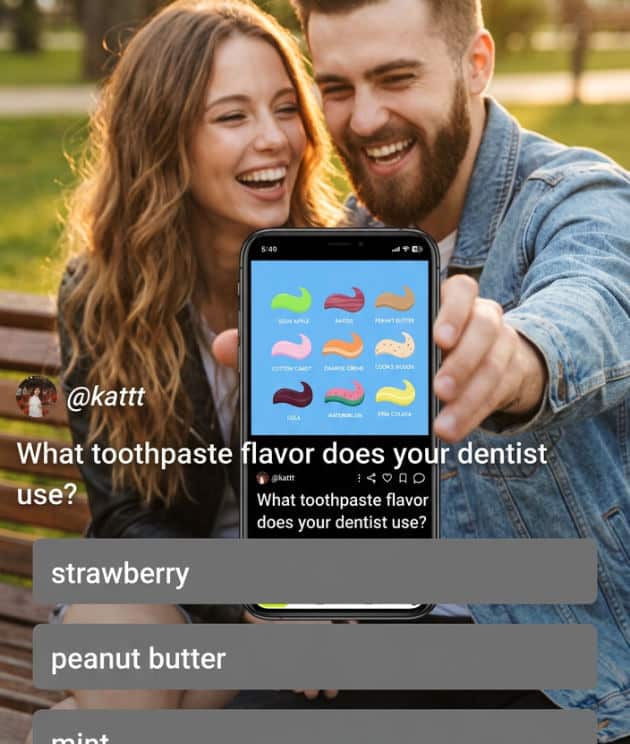 A couple using a mobile app to find couples photo captions during sunset.
