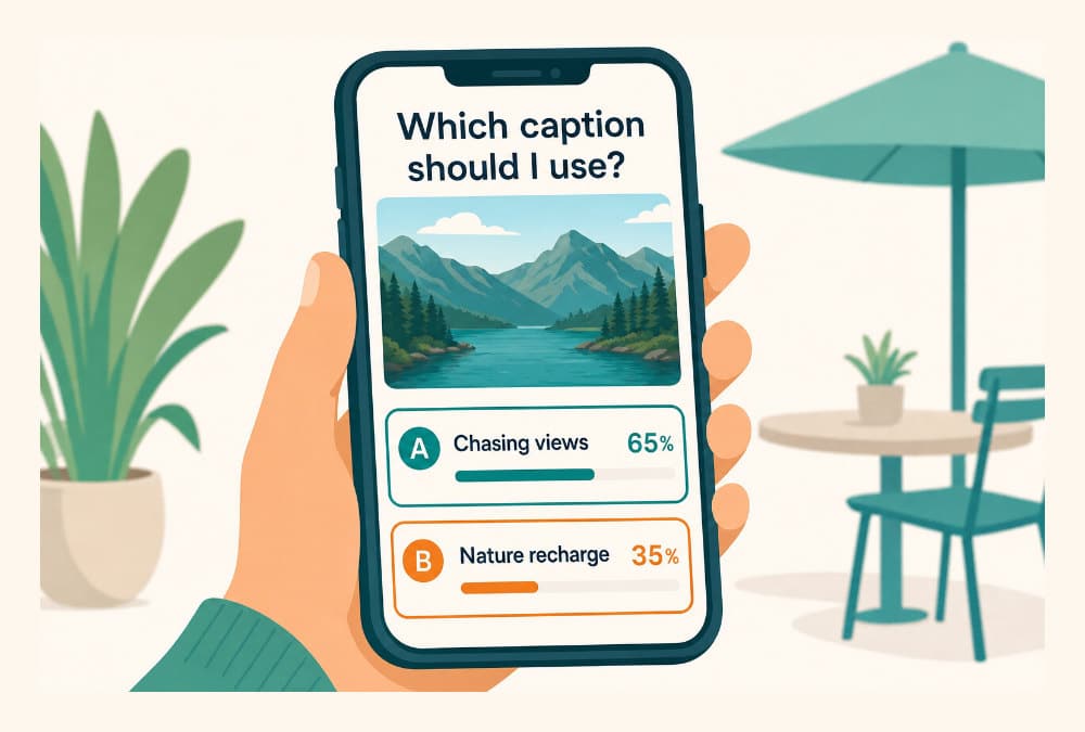 A person using a social polling app to choose between two couple captions.
